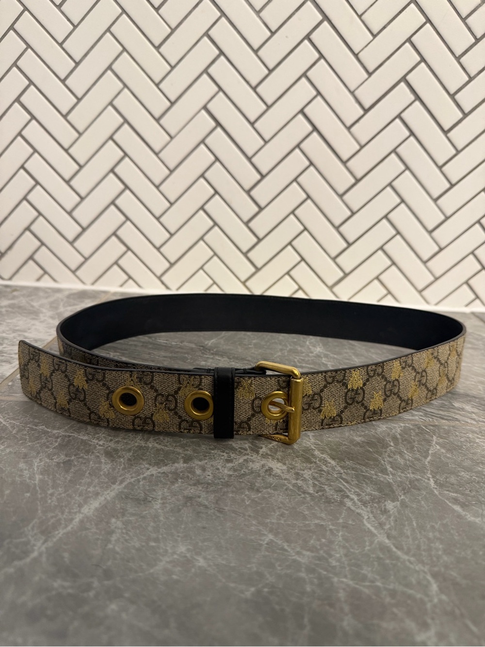 Gucci GG Supreme Monogram Bee Belt Brown Canvas Black Leather Size 36 - Picture 2 of 5